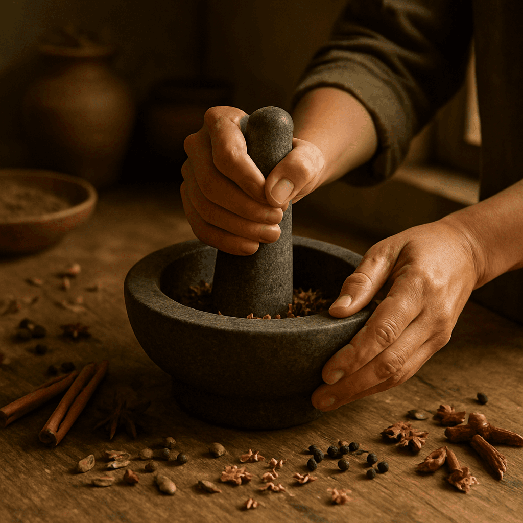 Traditional grinding of spices for Aadiras premixes